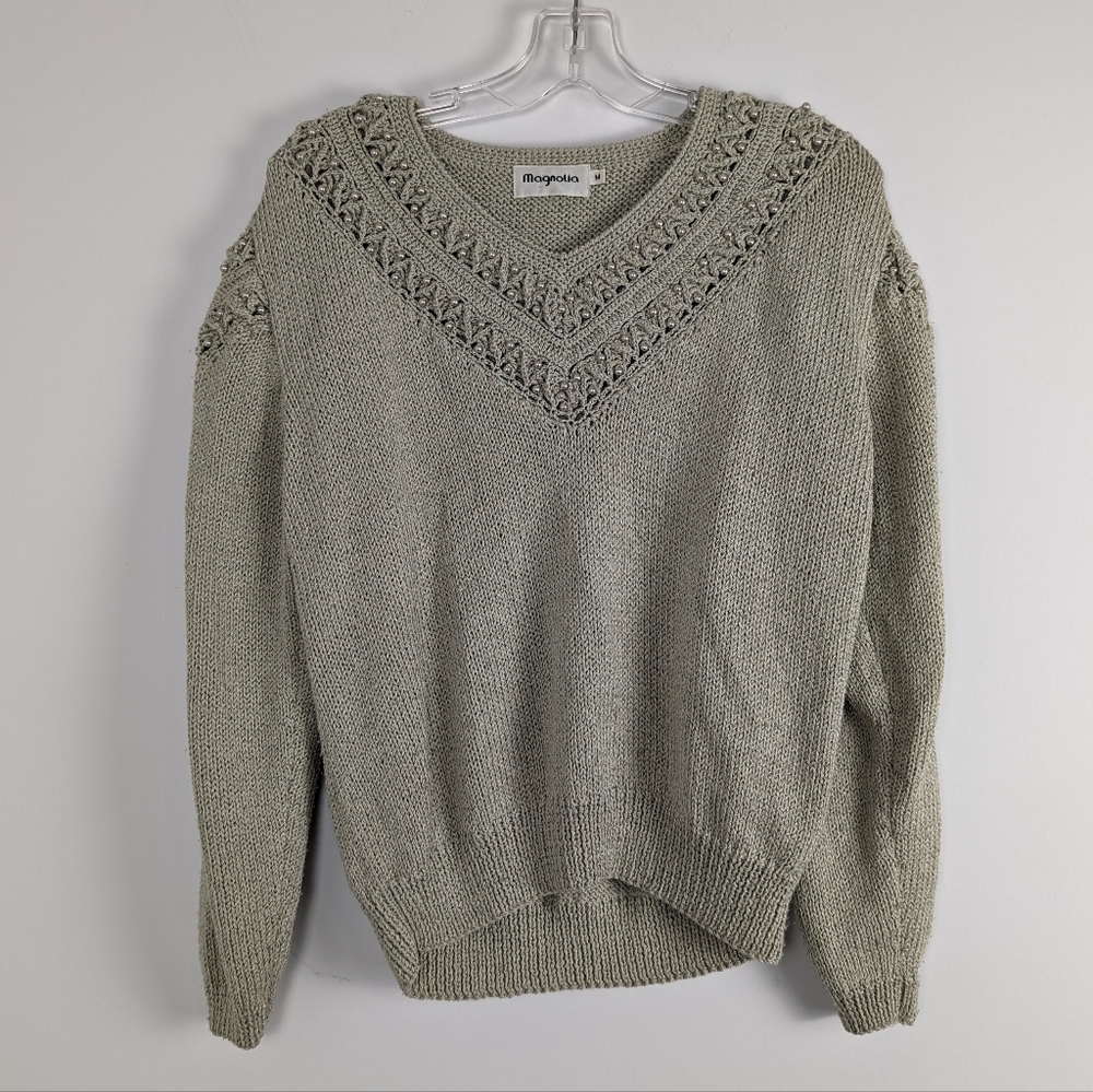 Magnolia Cozy Knit Sweater with Pearl Detail, Sage Green, Size Medium